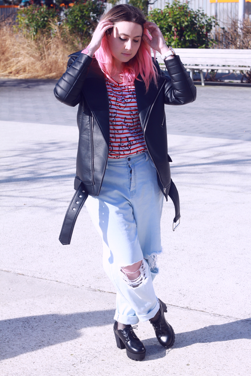 outfit biker nelly jacket t-shirt topshop cats baggy jeans