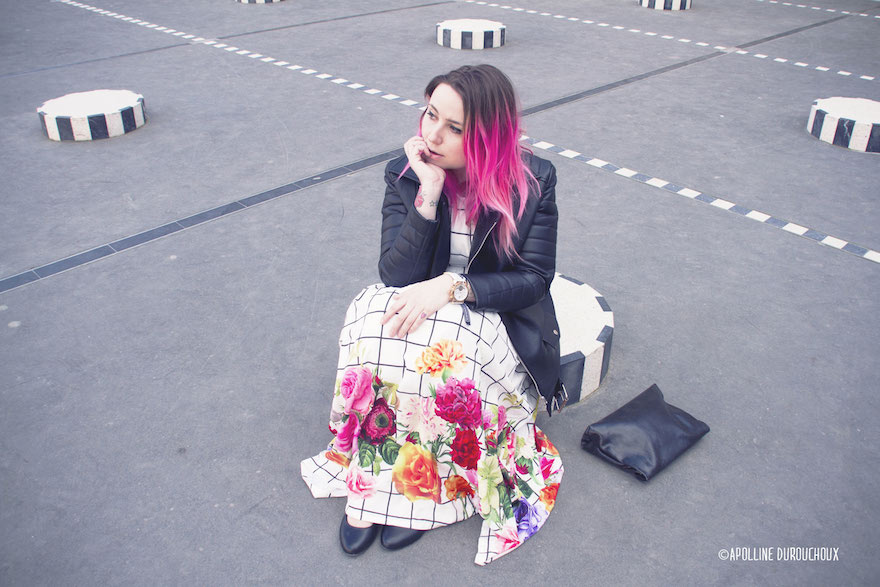 ombre hair pink biker jacket maxi floral dress